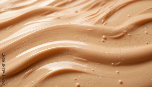 Smooth and creamy beige liquid texture with glossy flowing waves and bubbles
