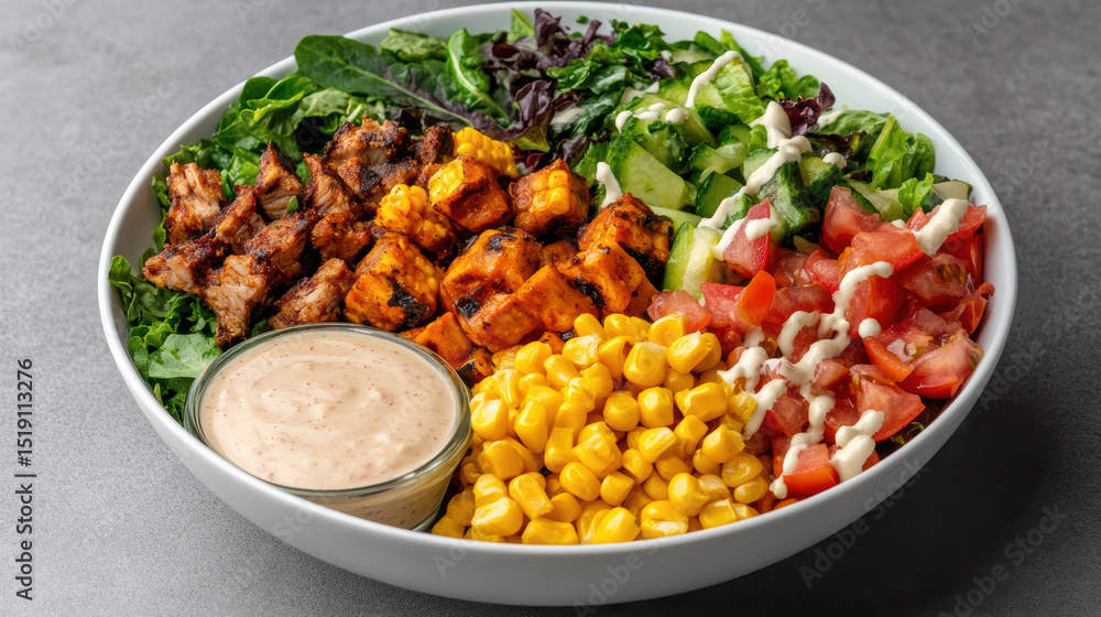 Fresh salad bowl with grilled chicken, corn, tomatoes, and creamy dressing Fresh salad bowl with grilled chicken, corn, tomatoes, and creamy dressing