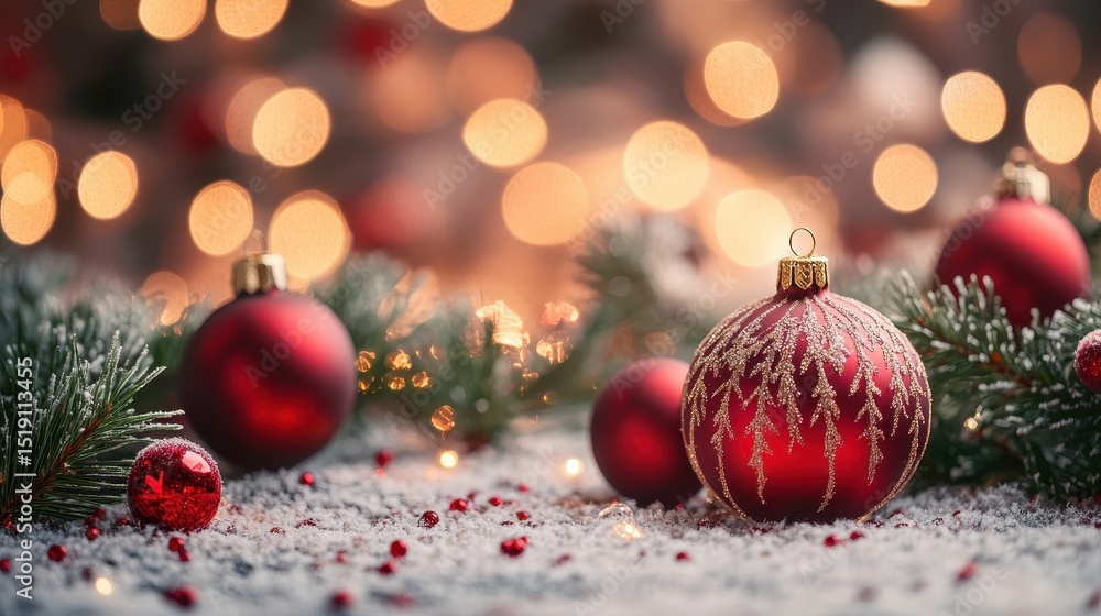 Obraz premium Festive red ornaments, snow covered pine, and soft bokeh lights in the background. Perfect for Christmas cards, website headers, and holiday social media posts.