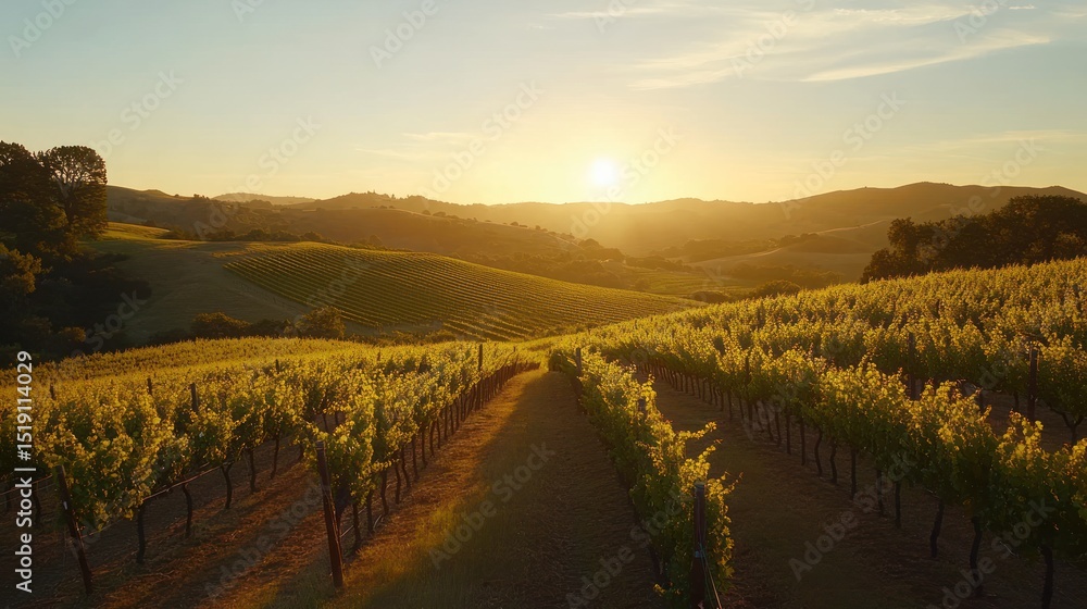 Naklejka premium Golden Hour Vineyard Landscape: Rolling Hills, Sunset Serenity