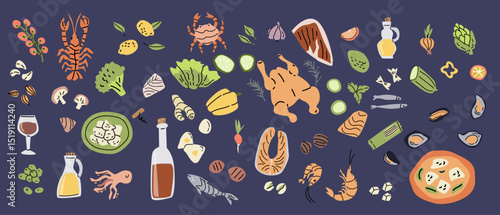 Mediterranean cuisine elements. Set of hand drawn vector illustrations, wine, oysters, fruits, olives, artichoke, seafood. Mediterranean healthy diet. Vector illustration flat style, Italian cuisine