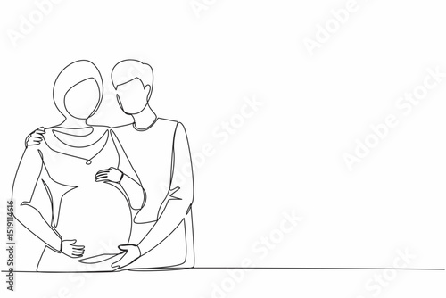 Continuous one line drawing flat illustration about pregnancy and partner birth. Young Arabian pregnant woman with husband. Man takes care and hugs his wife. Single line draw design vector graphic