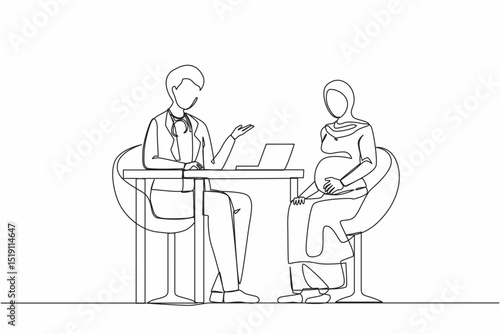 Single one line drawing Arabian pregnant woman on consultation with doctor. Pregnancy and maternity. Happy female character expecting for baby. Continuous line draw design graphic vector illustration