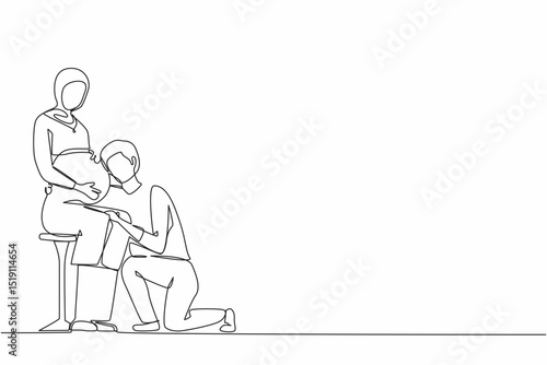Single one line drawing husband kneel down and listening to his Arabian pregnant wife belly, expecting new born baby. Man hugs pregnant woman. Continuous line draw design graphic vector illustration