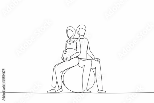 Continuous one line drawing expecting parents in yoga class for pregnant women. Man and Arab pregnant woman sitting in gymnasium ball. Paired yoga for pregnant women. Single line design vector graphic