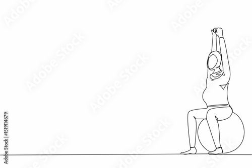 Single one line drawing yoga for Arab pregnant woman concept. Fitness sport during pregnancy. Healthy lifestyle and relaxation. Girl with fitness ball. Continuous line draw design vector illustration