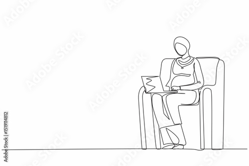 Continuous one line drawing healthy Arabian pregnant woman sitting on sofa at home working on her laptop during her maternity leave before giving birth to baby. Single line design vector illustration