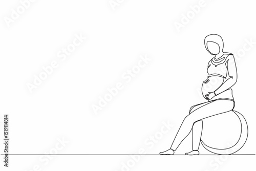 Single continuous line drawing Arab pregnant woman sits on fitball. Sport training for women. Healthy lifestyle. Pregnant fitness girl. Fitness for pregnant female. One line draw graphic design vector