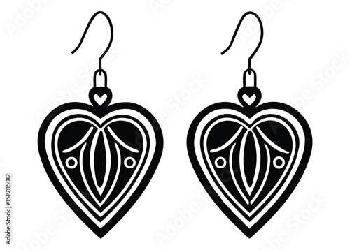 Pair of Heart Shaped Earrings with Intricate Design in Black and White Silhouette