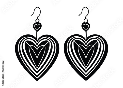 Elegant Heart Shaped Earrings with Intricate Design in Black and White Silhouette