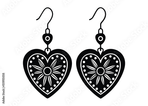 Pair of Heart Shaped Earrings with Floral Design in Bold Black and White Silhouette
