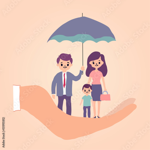 Life insurance, family protection to assure members will be financially supported and risk cover concept, lovely family with husband, wife and kids in supporting hand with umbrella cover protection.