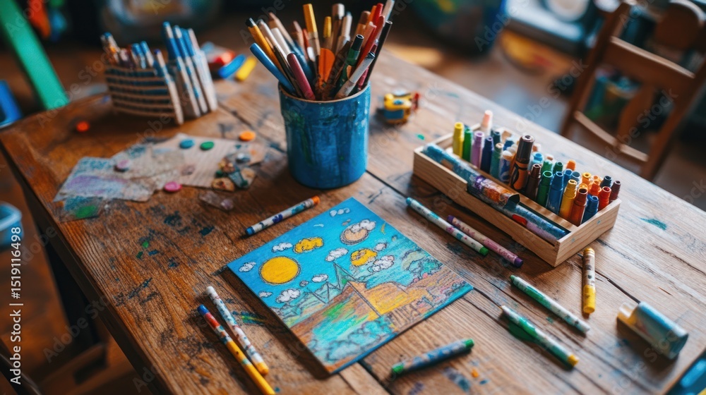 Fototapeta premium Creative Chaos: A Colorful Child's Art Table