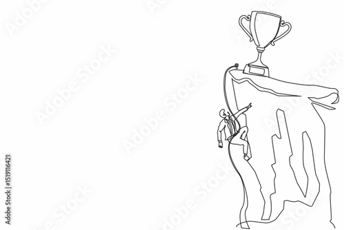 Single continuous line drawing climber hanging on rope and pulling himself on top of rocky mountain wall to reach trophy. Extreme businessman climbing on cliff. One line draw graphic design vector