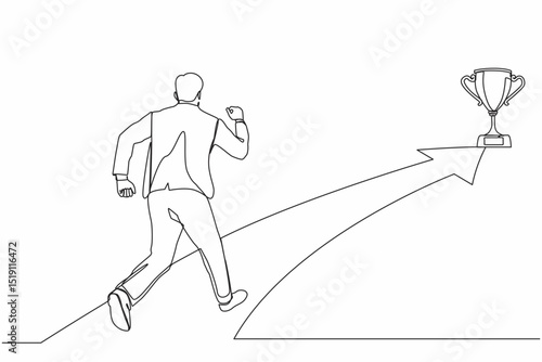 Single one line drawing businessman running on forward arrow to get trophy. Concept of people ready to start career and business. Manager running towards the goal. Continuous line draw design vector