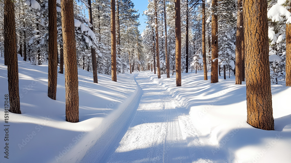 Serene winter landscape featuring narrow path winding through tall, snow covered trees Serene winter landscape featuring narrow path winding through tall, snow covered trees
