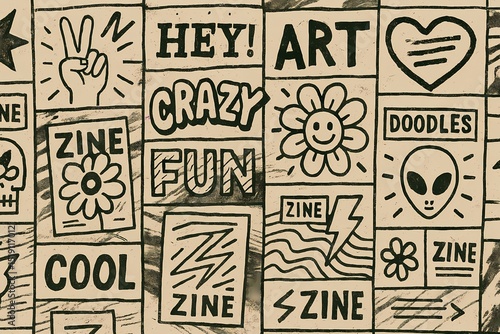 Playful and Eclectic Zine - Inspired Collage Background. This image features a collection of hand - drawn, black - and - white zine - style illustrations with phrases like 'HEY!', 'ART', 'CRAZY FUN'