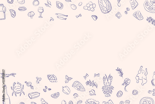 Mediterranean cuisine elements border with seafood, vegetables, and wine for culinary design.