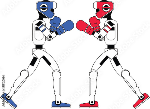 Humanoid robot boxing sport with red and blue helmet and gloves vector illustration