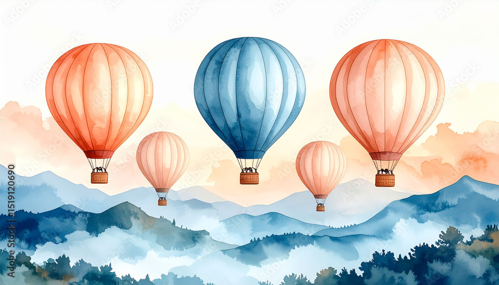 Obraz premium the illustration depicts a serene scene featuring several hot air balloons floating above a mountainous landscape. the landscape is filled with layered mountains painted in shades of blue and green