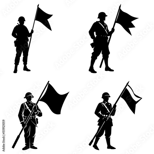 Silhouettes of soldiers holding flags in uniform standing at attention on a white background in a pattern