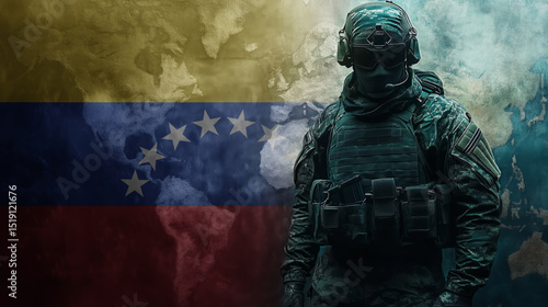 A soldier in military gear standing in front of the Venezuelan flag with smoke or fog in the background. This image conveys a sense of readiness and national defense.