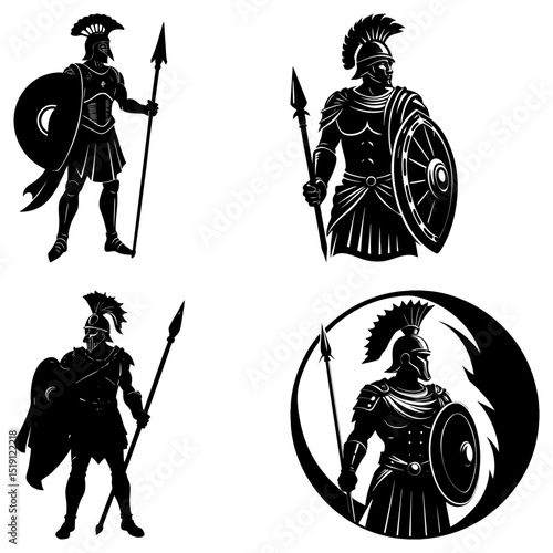 Four black and white illustrations of spartan warriors with spears and shields in various poses and styles