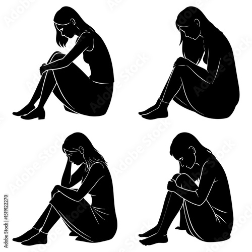 Four silhouettes of women in seated poses with heads down in a black and white illustration style
