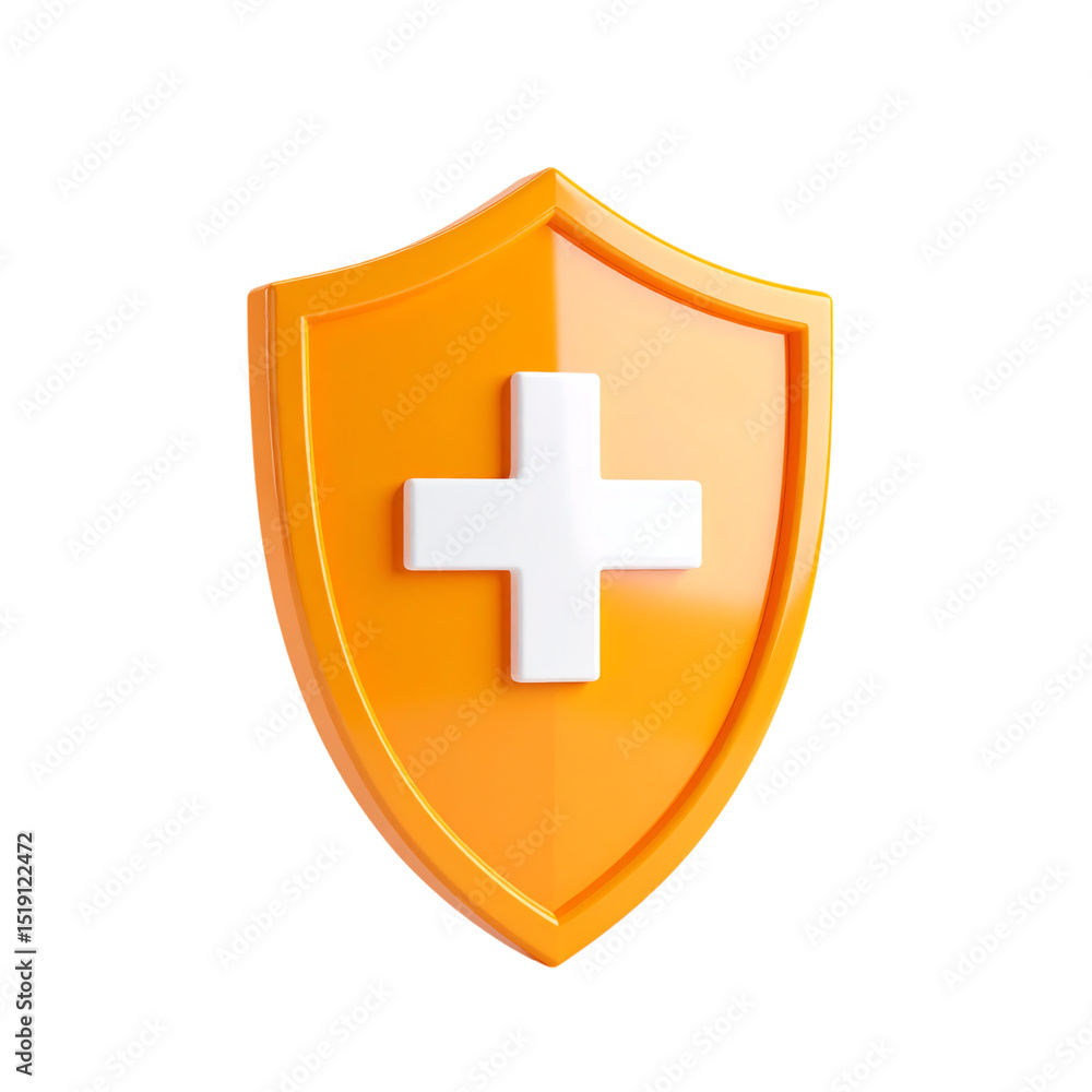 Obraz premium Orange shield with a white medical cross symbol, representing protection, safety, and healthcare