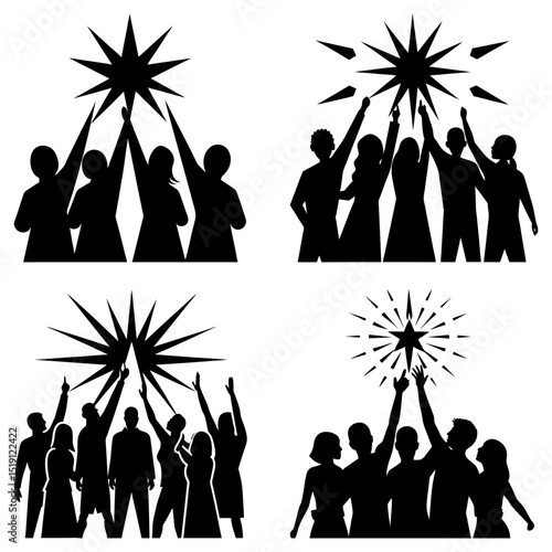 Silhouetted groups reaching for stars, symbolizing aspiration and collective achievement in black and white art