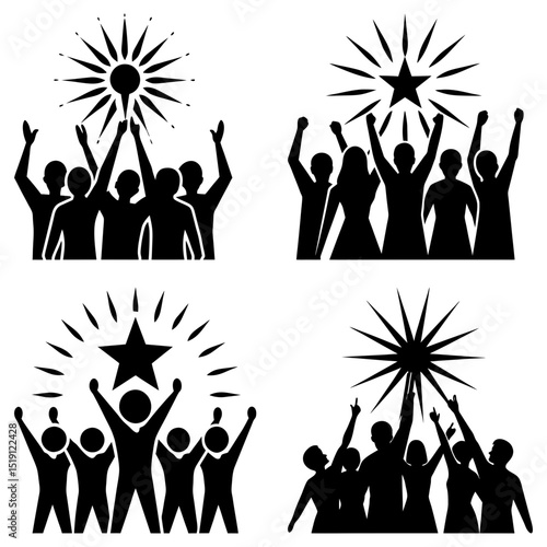 Silhouettes of groups reaching for stars and sunbursts in four distinct graphic compositions