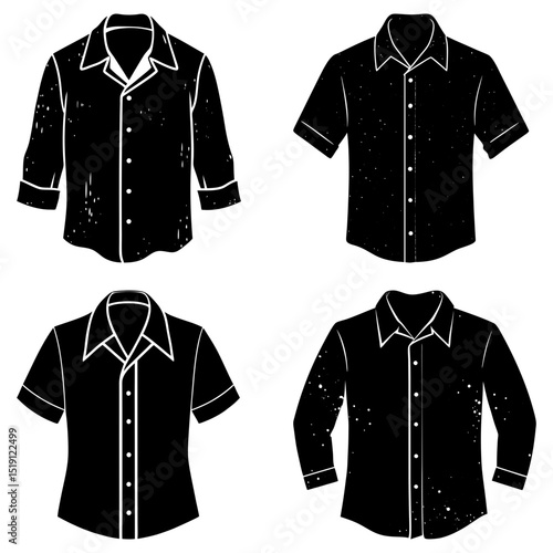 Illustration of four black shirts with varying sleeve lengths and collar styles on a white background