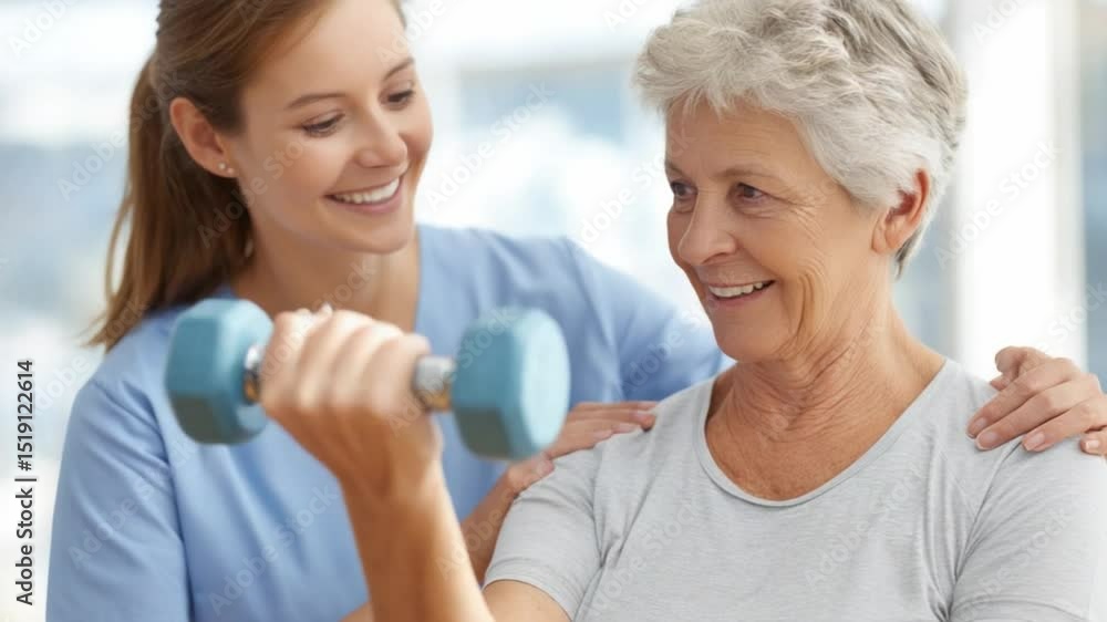 Strength Through Support: A kind-hearted caregiver assists an elderly woman as she exercises with a dumbbell, the scene evoking warmth, wellness. Strength Through Support: A kind-hearted caregiver assists an elderly woman as she exercises with a dumbbell, the scene evoking warmth, wellness.