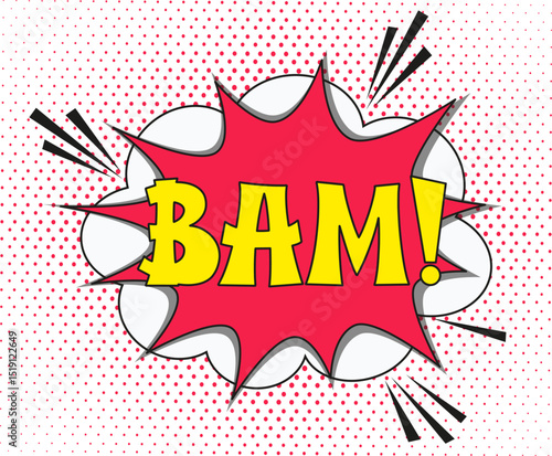 Comic lettering bam. Vector bright cartoon illustration in retro pop art style. Comic text sound effects. EPS 10.