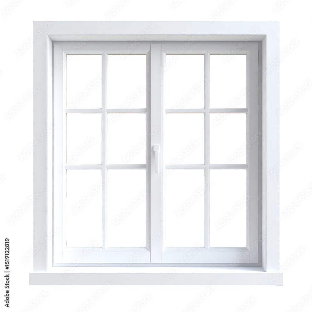 White double-pane window with eight glass sections on each side and a central handle for opening, designed with a clean, modern frame White double-pane window with eight glass sections on each side and a central handle for opening, designed with a clean, modern frame