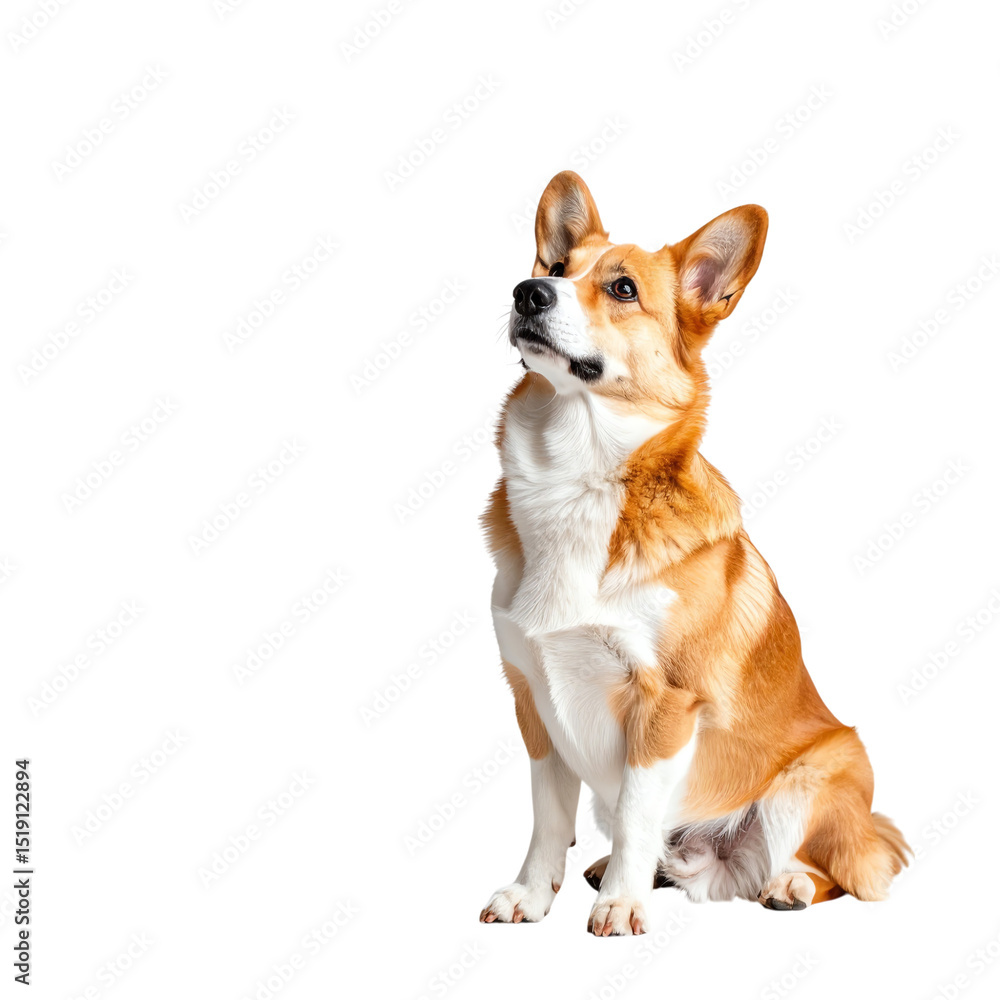 A sitting Pembroke Welsh Corgi with a tan and white coat, alert ears, and a focused gaze looking slightly upward A sitting Pembroke Welsh Corgi with a tan and white coat, alert ears, and a focused gaze looking slightly upward