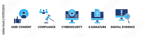 Digital Law banner web icon illustration concept with icon of user consent, compliance, e-signature, and digital evidence
