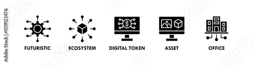 Metaverse banner web icon illustration concept with icon of futuristic, ecosystem, digital token, asset, and office