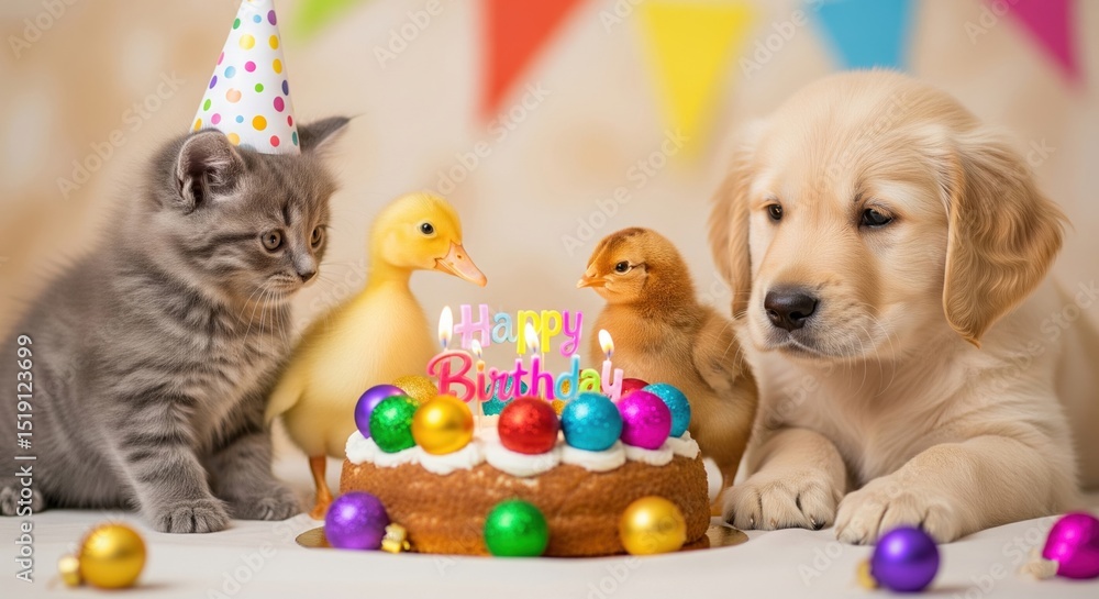 Obraz premium A kitten, a duckling, a puppy, and a chick are celebrating their birthday, gazing at the birthday cake