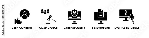 Digital Law banner web icon illustration concept with icon of user consent, compliance, e-signature, and digital evidence