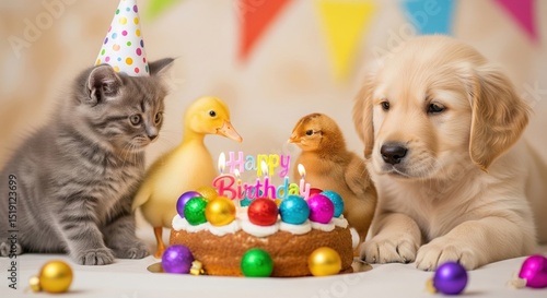 A kitten, a duckling, a puppy, and a chick are celebrating their birthday, gazing at the birthday cake
