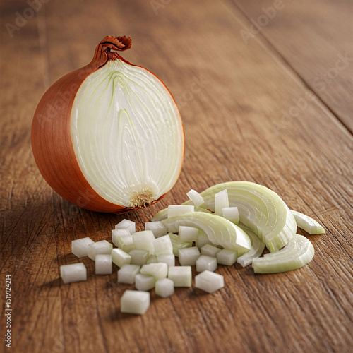 A sliced yellow onion and diced pieces