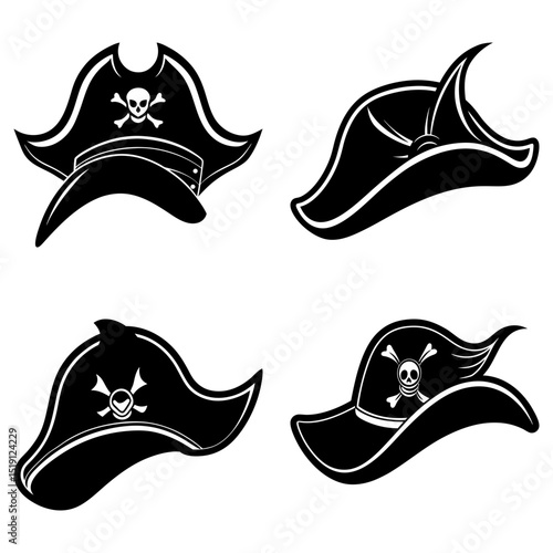 Illustration of four pirate hats with skull and crossbones in black and white vector format design