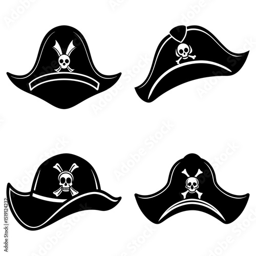 Collection of four black pirate hats with skull and crossbones emblem in various shapes and styles