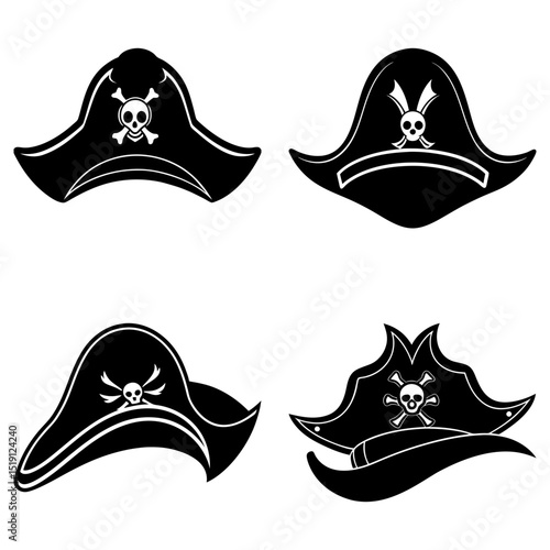 Four black pirate hats with skull and crossbones emblem in different styles for pirate themed designs