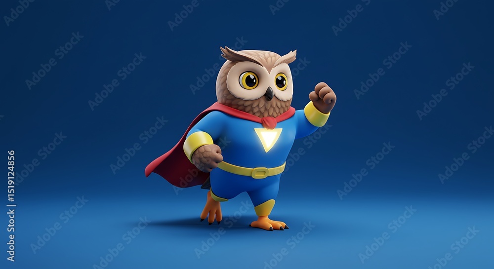 Fototapeta premium Cartoon owl character dressed as a superhero on blue background
