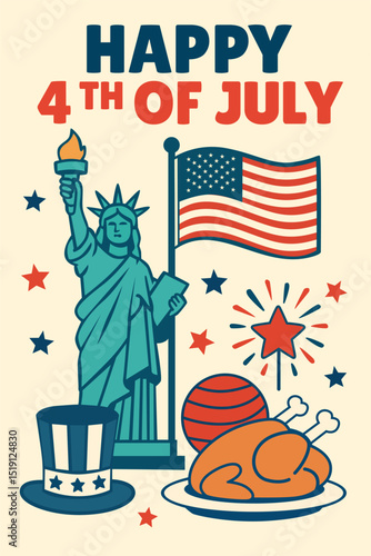 4th of July Independence Day Illustration – Statue of Liberty, American Flag, Fireworks, Patriotic Symbols, Holiday Celebration Vector for USA Freedom Festivity