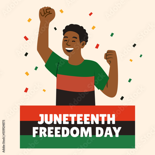 Juneteenth Freedom Day African American Celebration Poster – Black Man Raising Fist, Pan-African Colors, Independence Symbol, Black History Month Vector