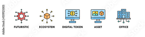 Metaverse banner web icon illustration concept with icon of futuristic, ecosystem, digital token, asset, and office