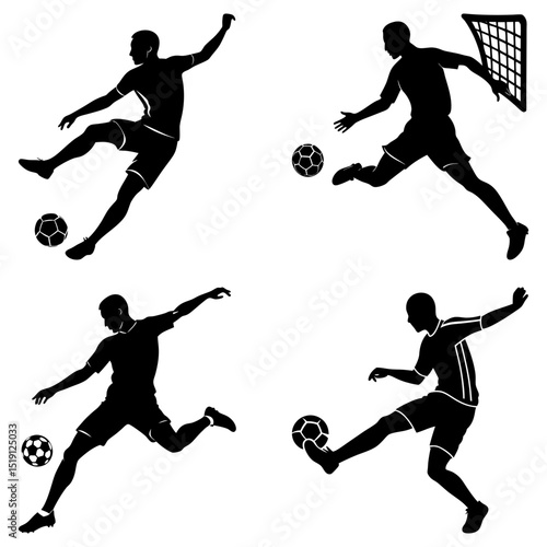 Silhouette illustrations of soccer players kicking balls in various action poses and scoring goals